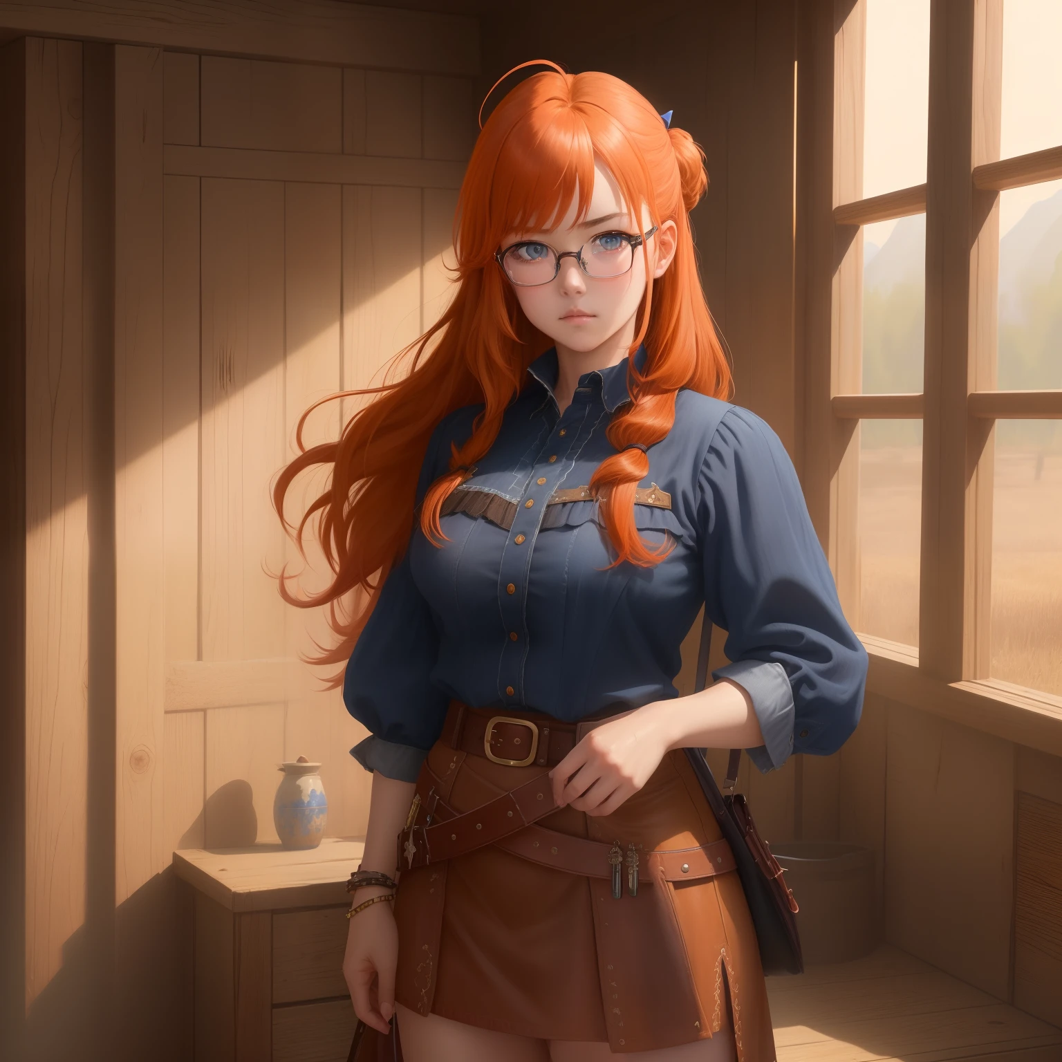 8k, masterpiece, best quality, realistic, higly detailed, cowboy shot, 1girl, solo, itsuki, serious looking girl, medium-length hair, expressive ahoge, reddish-orange hair, a pair of star-shaped hairpins near both of her eyes, dark blue eyes, average height, well-endowed figure, glasses, cute, Pure