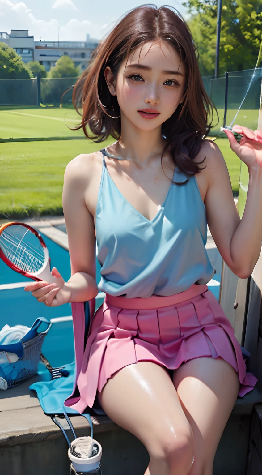 女の子1人、age19。独奏、Tank Tops、、Pink sneakers、poneyTail、Tennis Wear、Pink mini skirt、Lift the skirt with both hands、Flipping up the skirt with both hands、White undercoat、masterpiece、camel's toe、top-quality、realisitic、Hyper-detailing、(Glossy skin、be sweaty:1.4)、absurderes、Looking at the camera、short dark hair、Brown-eyed、A slender、动态照明、hight resolution、foco nítido、depth of fields、A detailed eye、Sharp eyes、Realistic eyes、(small tits:1.6)、(thick thight:1.0)、outside of house、Skysky