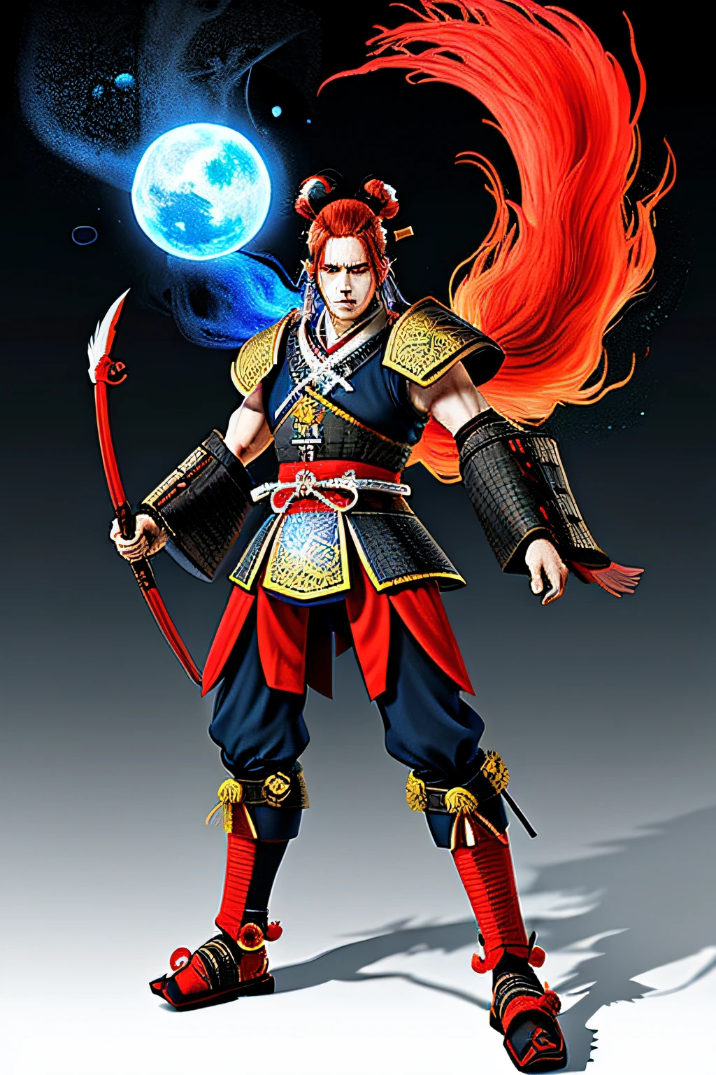 full body Japanese Samurai humanoid Aries of the zodiac sign: A warrior with fiery red hair and piercing blue eyes. They are always up for a challenge and love to push themselves to their limits.