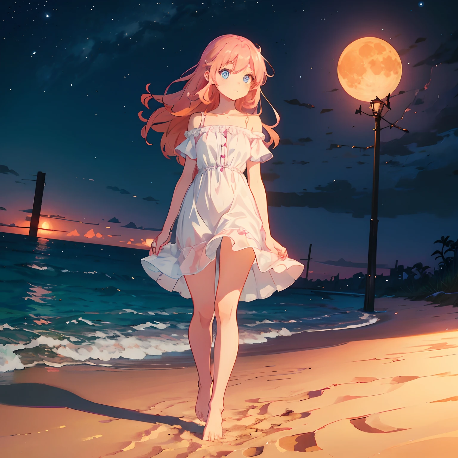 A young girl with long orange-pink hair and blue eyes takes a walk along the beach at night. It's dark. She wearing a simple white dress, walking barefoot on the sand. The camera pans close to her face as she gazes up at the moon, as the moon illuminates her face.