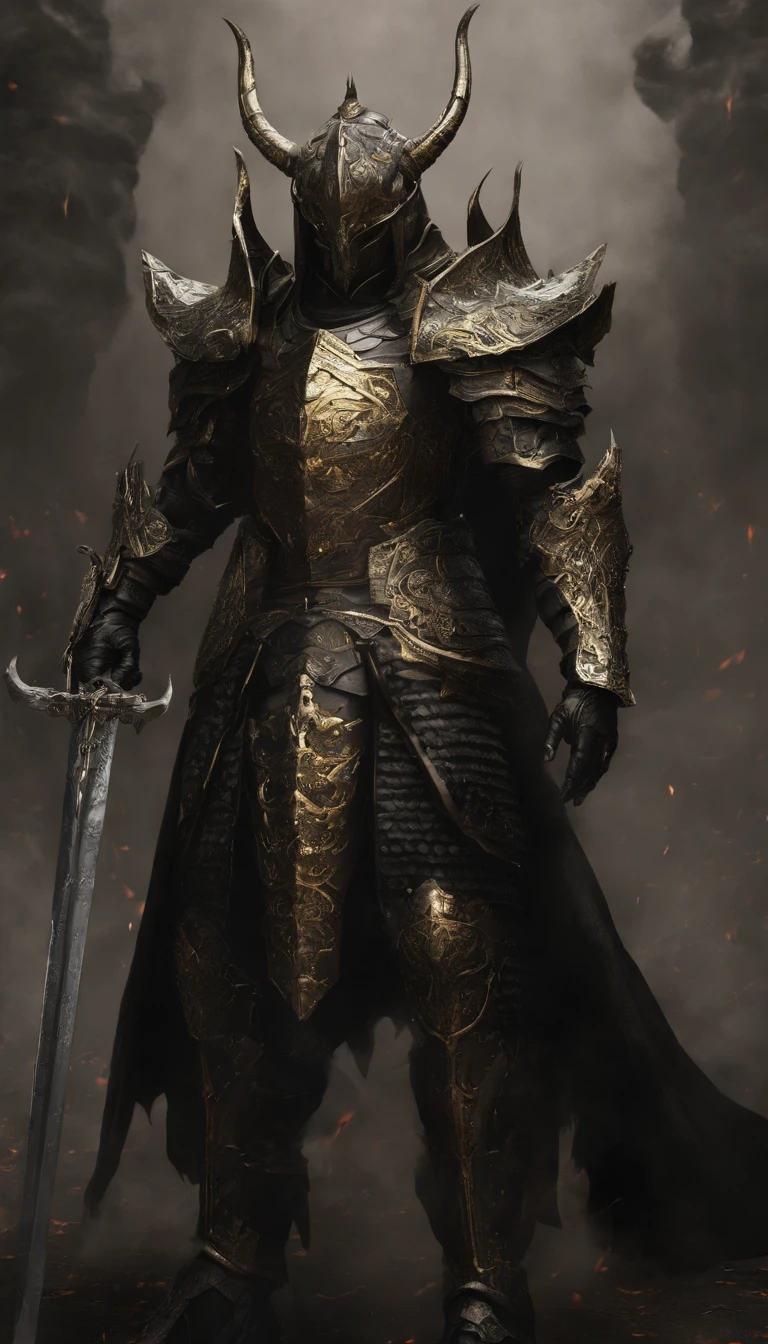 warrior, concept-art, author:Kishiganku, Fantasy art, Zen temple background, clean render, a horned, Wear a suit of armor, Detailed bushido form smoke, helmet of a forgotten deity, character is standing, 8k Realistic, in game render, detailed face background detail, Art station front page, taur, Pseudo-medieval fantasy, A deity wearing koi armor, detailed bronze armor, Bronze armor, golden etched armor, gold obsidian armor, Light gold armor, Gorgeous filigree armor, A demonic warrior, Gorgeous armor full of thorns, Intricate assasin armor, Intricate metal armor, powerful warrior, Dressed in gorgeous gold armor,Decorated with intricate patterns, The helmet has a large crown and two horns, Everything is in the dark, The smoky background hints at the battle scene, Add an ominous aura to his character,The Demon's Giant Demon Wings,submission, Full body shot.