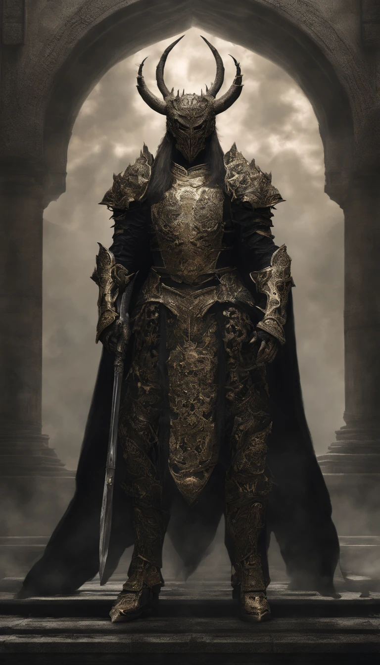 warrior, concept-art, author：Kishiganku, Fantasy art, Zen temple background, clean render, a horned, Wear a suit of armor, Detailed bushido form smoke, helmet of a forgotten deity, character is standing, 8k Realistic, in game render, detailed face background detail, Art station front page, taur, Pseudo-medieval fantasy, A deity wearing koi armor, detailed bronze armor, Bronze armor, golden etched armor, gold obsidian armor, Light gold armor, Gorgeous filigree armor, A demonic warrior, Gorgeous armor full of thorns, Intricate assasin armor, Intricate metal armor, powerful warrior, Dressed in gorgeous gold armor，Decorated with intricate patterns, The helmet has a large crown and two horns, Everything is in the dark, The smoky background hints at the battle scene, Add an ominous aura to his character，The Demon's Giant Demon Wings，submission, Full body shot.