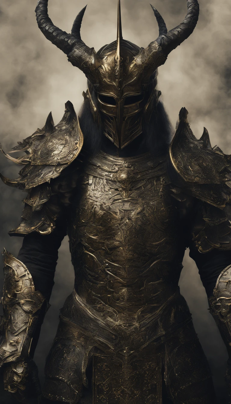 warrior, concept-art, author：Kishiganku, Fantasy art, Zen temple background, clean render, a horned, Wear a suit of armor, Detailed bushido form smoke, helmet of a forgotten deity, character is standing, 8k Realistic, in game render, detailed face background detail, Art station front page, taur, Pseudo-medieval fantasy, A deity wearing koi armor, detailed bronze armor, Bronze armor, golden etched armor, gold obsidian armor, Light gold armor, Gorgeous filigree armor, A demonic warrior, Gorgeous armor full of thorns, Intricate assasin armor, Intricate metal armor, powerful warrior, Dressed in gorgeous gold armor，Decorated with intricate patterns, The helmet has a large crown and two horns, Everything is in the dark, The smoky background hints at the battle scene, Add an ominous aura to his character，The Demon's Giant Demon Wings，submission, Full body shot.