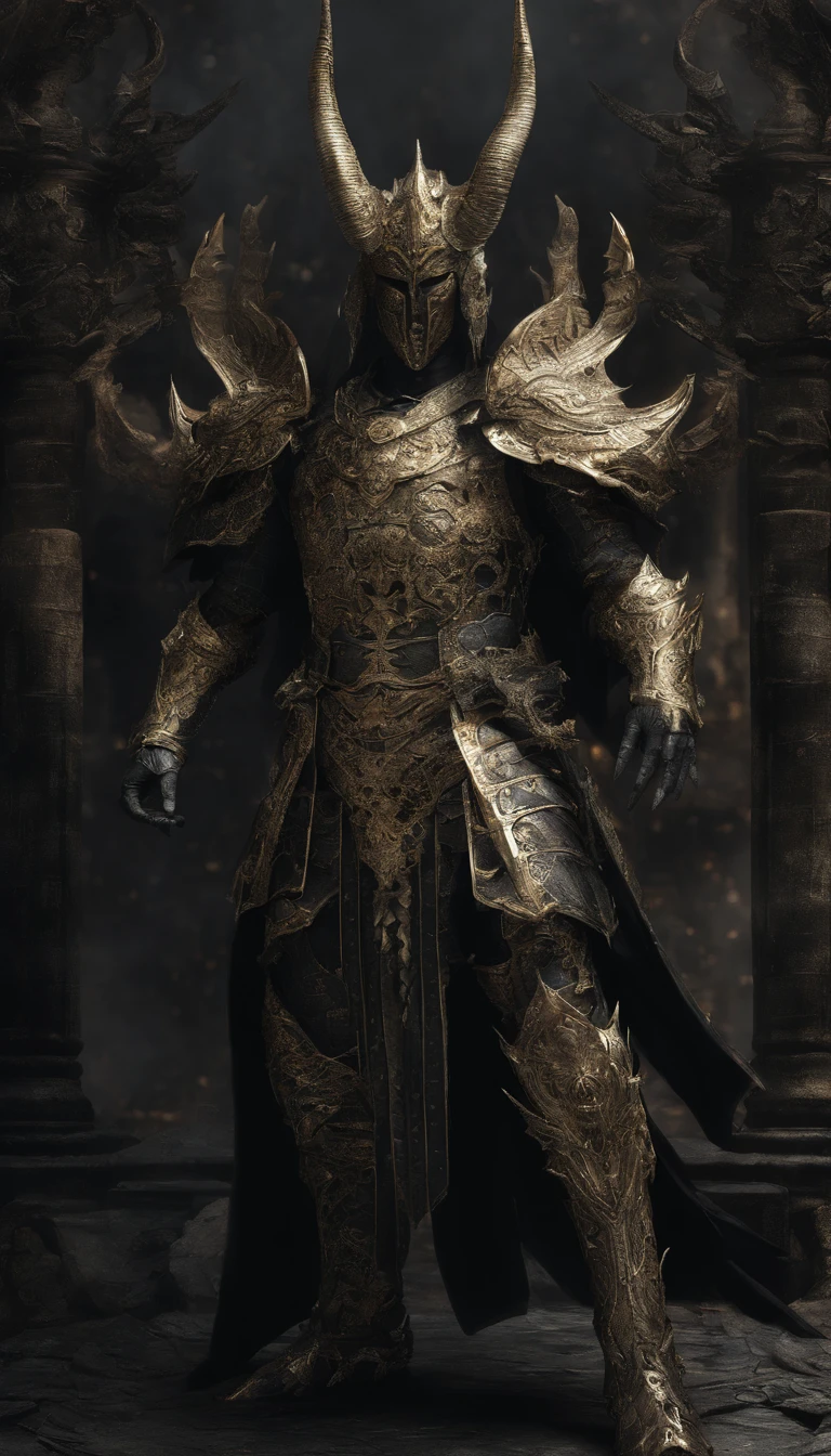 warrior, concept-art, author：Kishiganku, Fantasy art, Zen temple background, clean render, a horned, Wear a suit of armor, Detailed bushido form smoke, helmet of a forgotten deity, character is standing, 8k Realistic, in game render, detailed face background detail, Art station front page, taur, Pseudo-medieval fantasy, A deity wearing koi armor, detailed bronze armor, Bronze armor, golden etched armor, gold obsidian armor, Light gold armor, Gorgeous filigree armor, A demonic warrior, Gorgeous armor full of thorns, Intricate assasin armor, Intricate metal armor, powerful warrior, Dressed in gorgeous gold armor，Decorated with intricate patterns, The helmet has a large crown and two horns, Everything is in the dark, The smoky background hints at the battle scene, Add an ominous aura to his character，The Demon's Giant Demon Wings，submission, Full body shot.