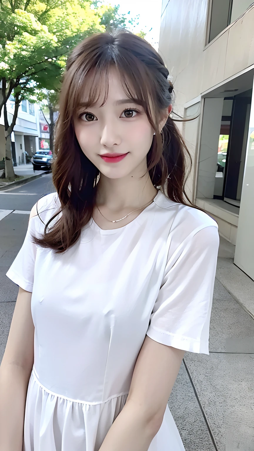 (masterpiece:1.3), (8K, Photorealsitic, Raw photography, Top image quality: 1.4), Japan high school girls、(Random hairstyles:1.2)、(small tits)、Super Detail Face、Eye of Detail、二重まぶた、foco nítido:1.2、prety woman:1.4、light brown hair、top-quality、超A high resolution、(Photorealsitic:1.4)、slender、A smile、(eye line:0.8)、walking on the avenue、 4fingers and 1thumb、sun shine、夏天、鎖骨、detailed clothes features、A detailed face、tight fitted、girly dress random、pretty pose:1.2、(Clothes are red)