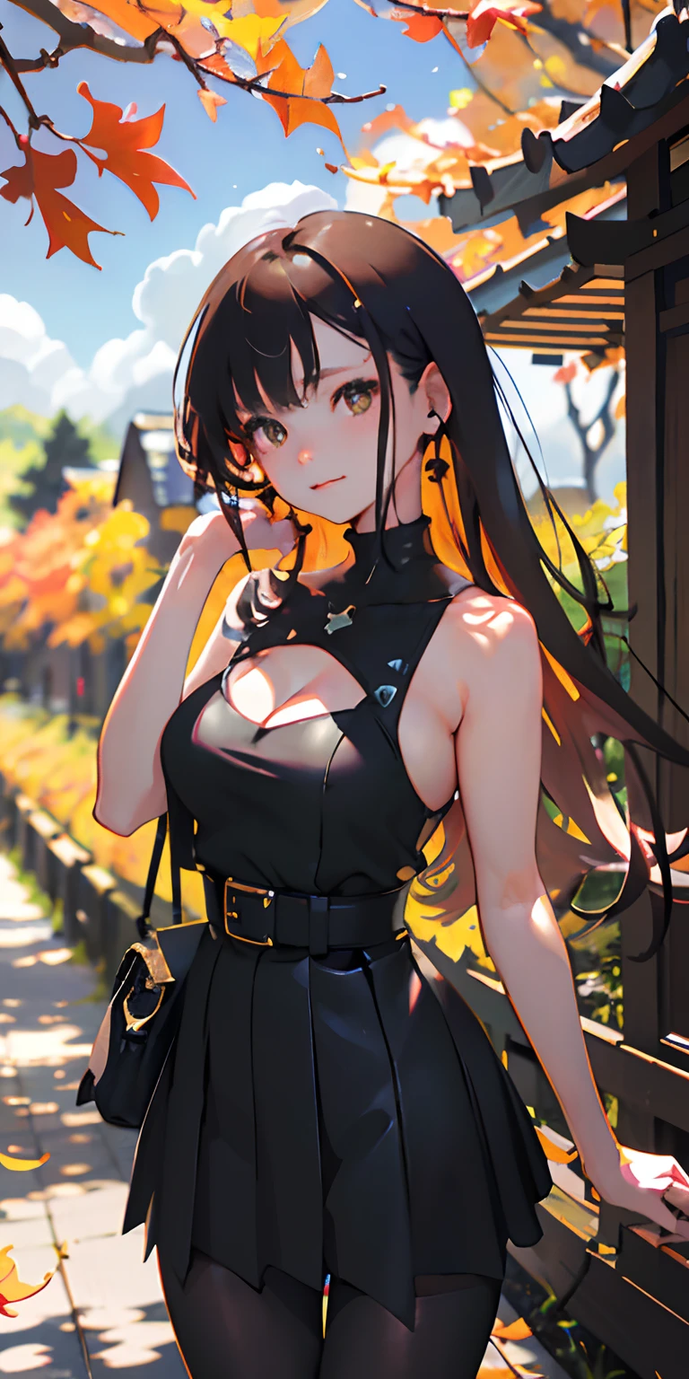 realisticlying、girl with、Outdoor Fashion、Autumn leaves Autumn leaves、Beautiful ginkgo tree、Slightly larger breasts with an emphasis on cleavage、Sexy Posing、Nature views