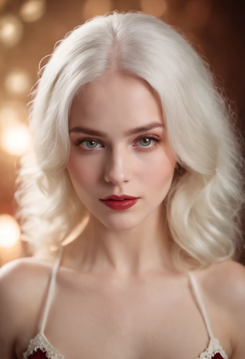 (((a deep reddish wound crosses her left cheek))) fair complexion, woman around 19 years old, full body, natural white hair, distinctive green eyes, wearing crochet bikini, slender and graceful, beautiful, candlelight in a medieval setting, ultra sharp focus, realistic shot, tetradic colors (scar:1.4)