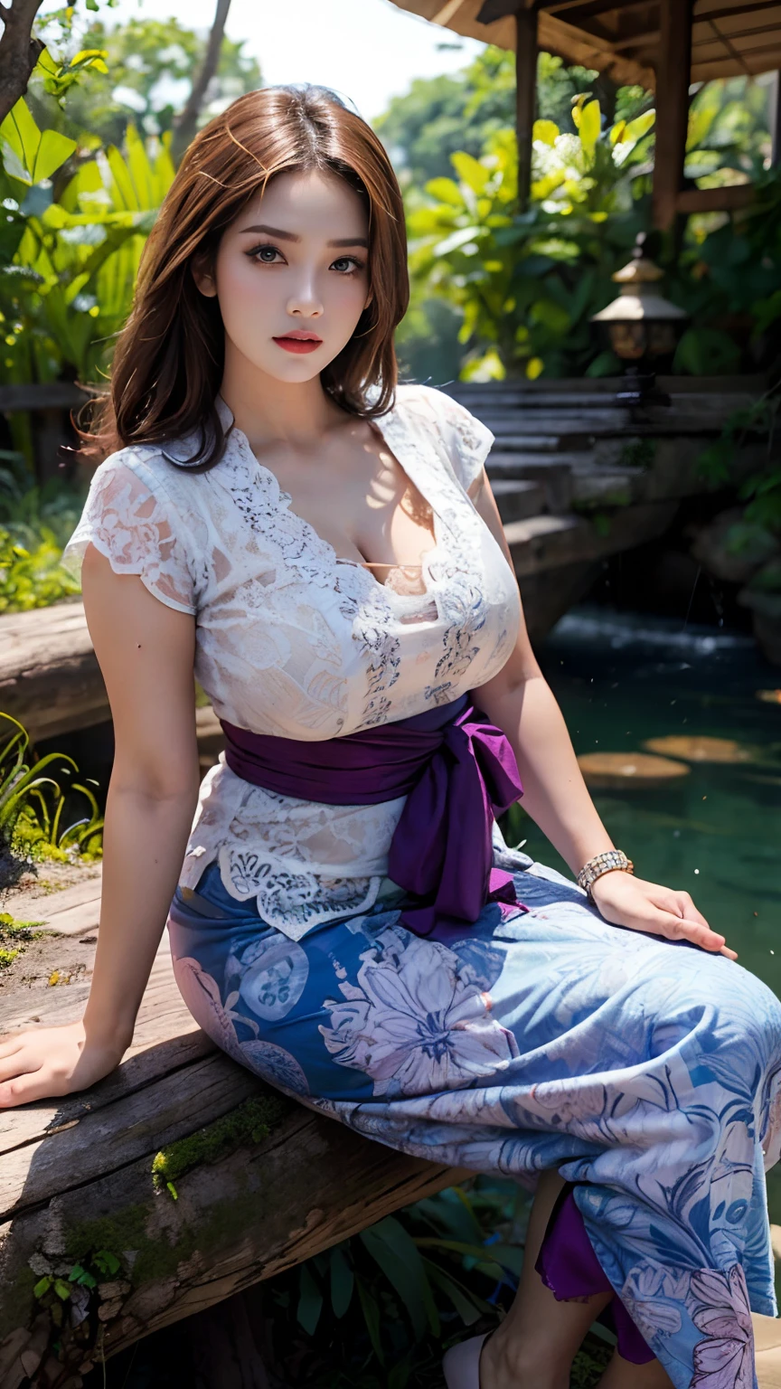 a Female in sexy kebaya with intricate detailed ornate and intricate batik sarong, saggy huge boobs, sitting on the rotten wood with opened legs, seductive look, sweat, slim fit body,