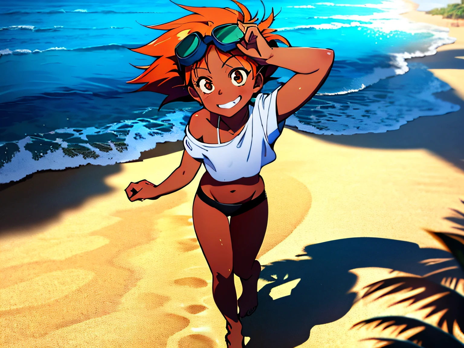 beautiful, masterpiece, beach background, best quality, Edward, tomboy, tan skin, orange hair, spiked hair, brown eyes, goggles on head, white shirt, off the shoulder, bikini bottom, medium sized breasts, barefoot, detailled image, detailed face, perfect lighting, perfect shadows, perfect eyes, perfect hands, perfect hair, perfect face, grin, solo, center focus, looking at viewer, navel, small body, walking down the beach