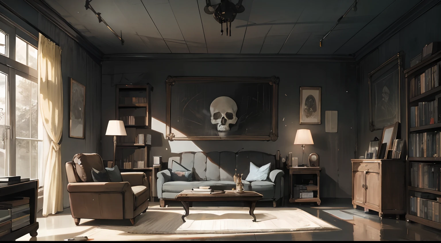 a room of the punk goth girl, interior, background art, dim lit, rocker poster, skull decorations, Metal music, emo, minimal pictures on the wall, (dark gray concrete walls), linen curtain, sofa, coffee table, dripper, vintage radio, vintage vinyl players, (bookshelves speakers), stereo, modern wood, ceiling with magnetic emissive lighting, black fabric textures, concreye floor texture, dark gray color theme, concept art, background art for anime, anime style