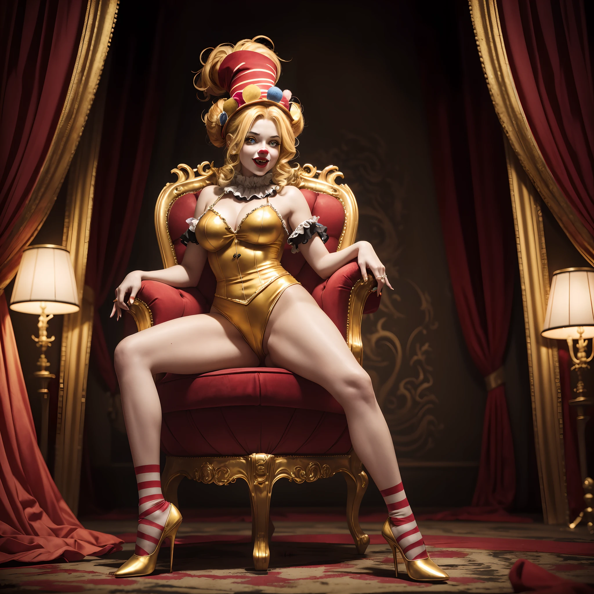 Crazy Clown Queen, sitting on a golden throne, Wear a clown hat, Clown costume, mitts, vivd colour, Laughing, Deep blonde hair, Cute breasts, Terrifying , Wavy hair, Bun, and high heels. Blood, Circus props, spooky ambiance, haunted background. Surrealist style, Sharp contrast, ominous lighting, High-density imaging reviews, Ultra-high definition, Studio lighting, Like a painting, ultra-fine painted, Sharp focus, physically-based renderingt, Extreme detail description, professional (Horror )