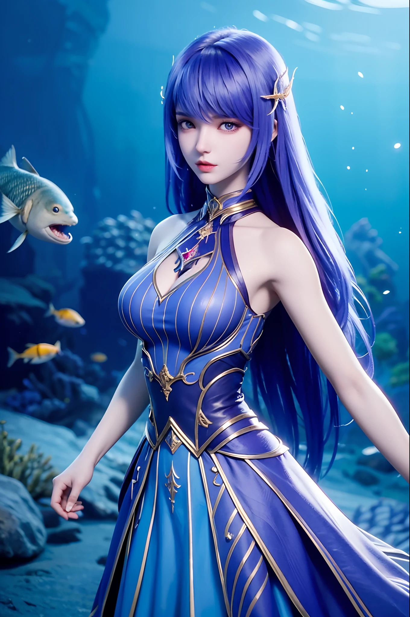 ****** coreana de 25 anos，1个Giant Breast Girl，****** no topo， Mergulho， s o rosto perfeito， Olhos eBlue， renda，  mergulhar，deep underwater，Shuixia，quebrar，tons de azul，(((cercado de peixes))) full body, purple hair,