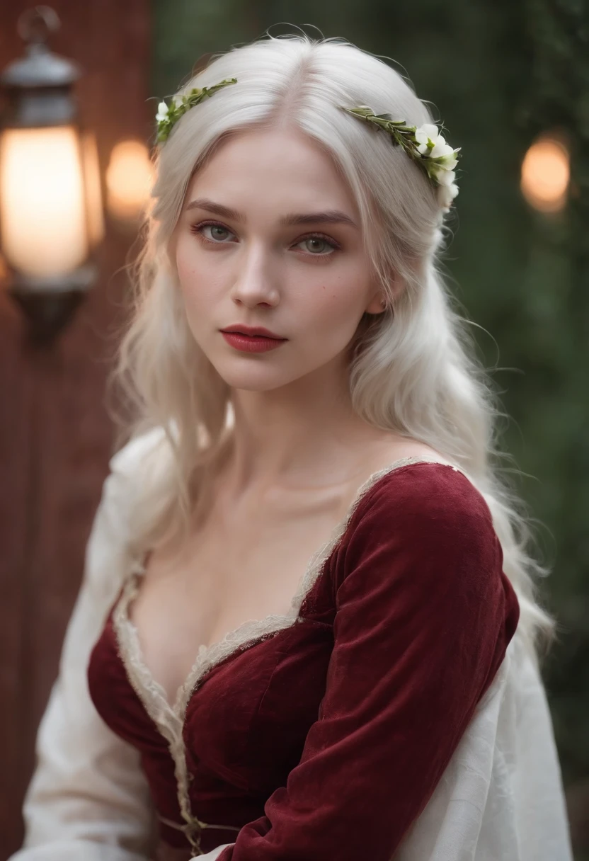 (((a deep reddish wound crosses her left cheek))) fair complexion, woman around 19 years old, full body, full frontal nudity, natural white hair, distinctive green eyes, slender and graceful, beautiful, candlelight in a medieval setting, ultra sharp focus, realistic shot, tetradic colors (scar:1.4), promoting a shampoo bottle