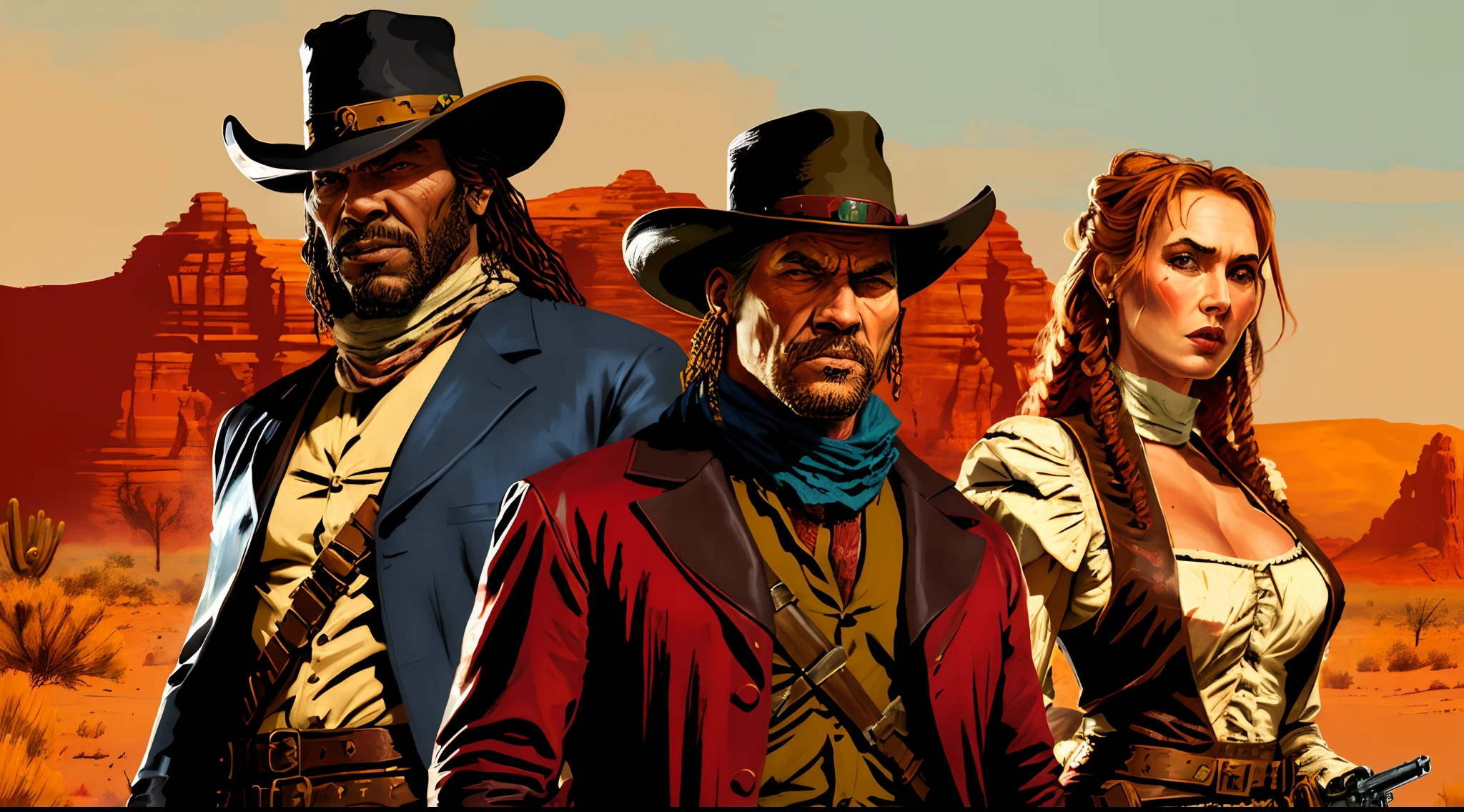 R3DD34Dstyle, Digital painting, 5 bounty hunters from Western movies,3 white man,2girls,bounty hunter outfit,in the desert, (Red sky:1.3),Masterpiece,1899,white bounty hunters