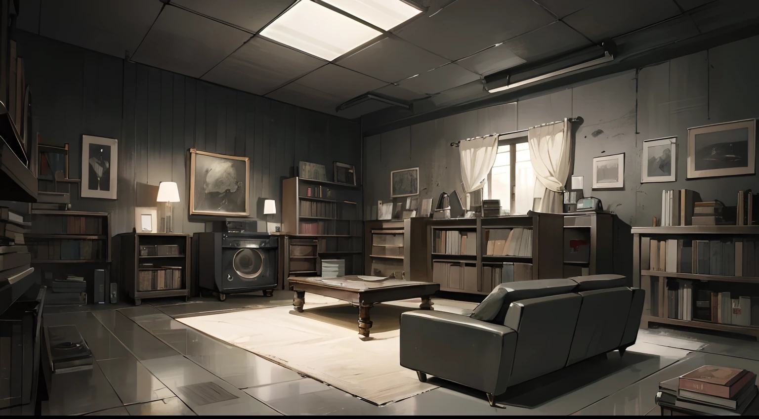 a room of the punk goth girl, interior, background art, dim lit, rocker poster, skull decorations, Metal music, emo, minimal pictures on the wall, (dark gray concrete walls), linen curtain, sofa, coffee table, dripper, vintage radio, vintage vinyl players, (bookshelves speakers), stereo, modern wood, ceiling with magnetic emissive lighting, black fabric textures, concreye floor texture, dark gray color theme, concept art, background art for anime, anime style