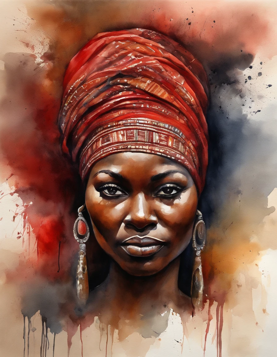 Yansa topless barely covered (African Female Goddess), Visage magnifique, Dark-looking red and black clothing, Effects of Storms and High Winds, Surrealist Masterpiece, octane rendered, Foyer, colorfully background, detailded, Inhibited details, couleurs riches et unique.