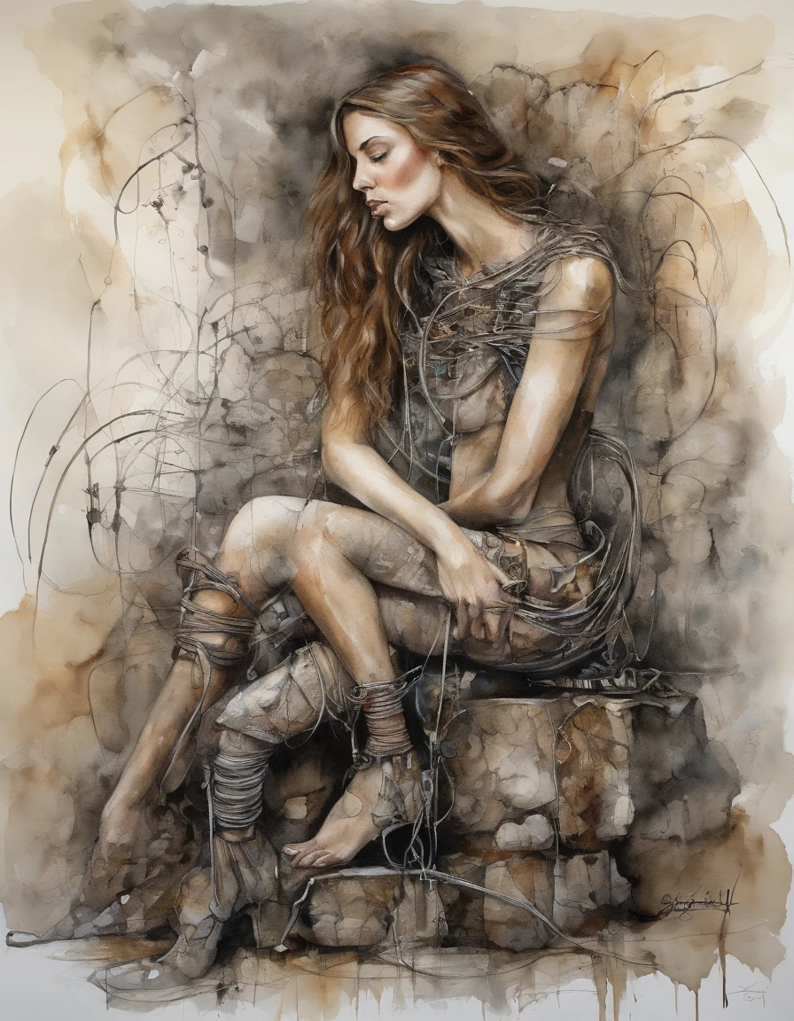 Painting of a Beautiful Girl, Detailed skin and face, Potassium water flows down the body and onto surrounding objects, Beaucoup de tubes et de tubes mous oblongs, Girl perched on a stone slab, Lots of Tubes and Wires of Electronic Parts, lots of fine details, Style sombre, Aiguille, Fil, Sombre, His expression is angry, bouche ouverte, The arms and legs are wrapped and riddled with wires and tubes, couleurs sombres et sombres.