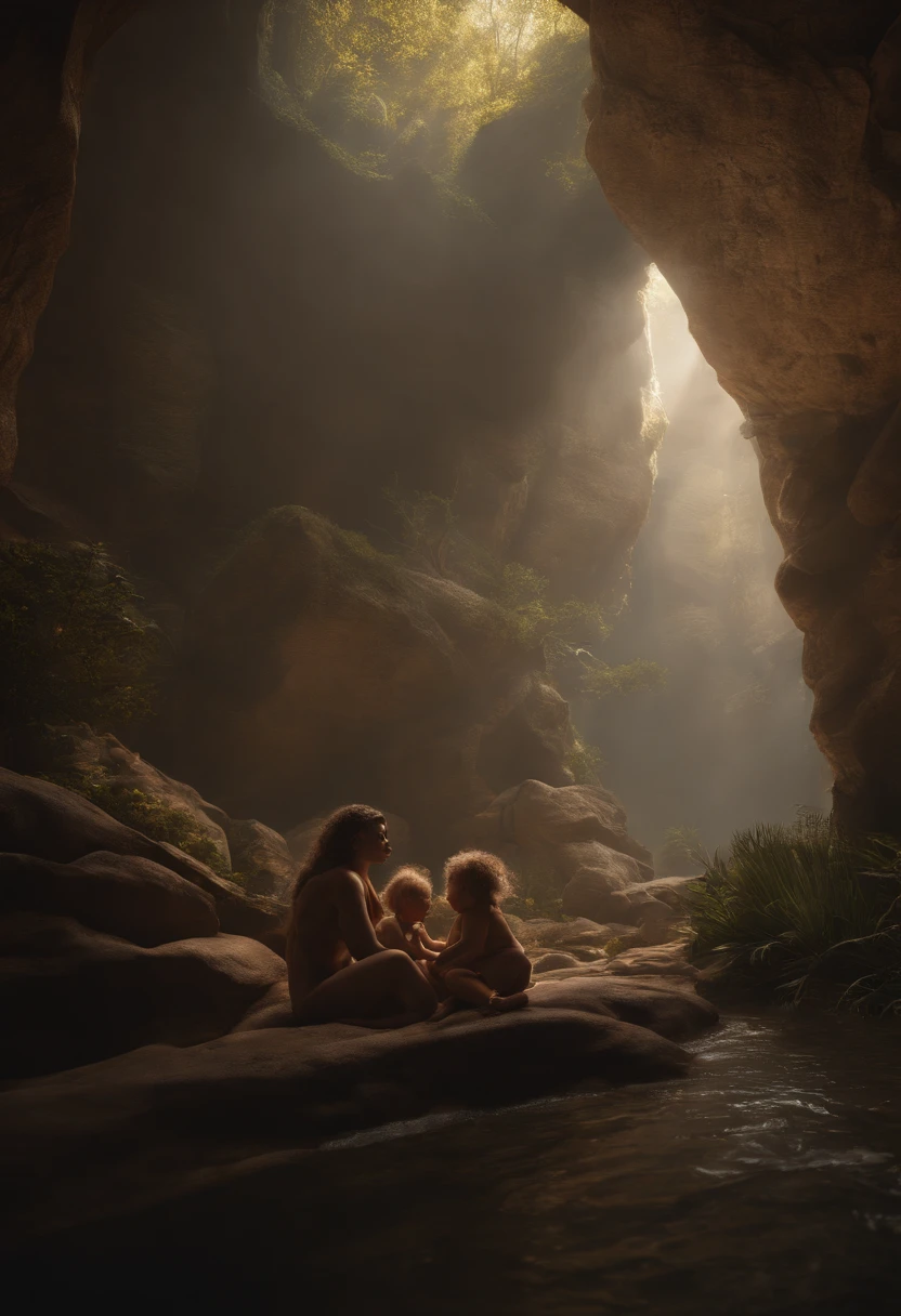 ((beste-Qualit)), ((tmasterpiece)), (Detailed), Cave: A cave woman breastfeeds her baby while her husband and two little boys look on. Perfect Composition Beautiful Intricate Details Amazingly Detailed Artstation Octane Render Trend 8k Artistic Photography Photorealistic Concept Art Soft Natural Volume Cinematic Perfect Light Chiaroscuro Award Winning Masterpiece of Photography, perfect composition, beautiful detailed intricate insanely detailed octane render trending on artstation, 8 k artistic photography, photorealistic concept art, soft natural volumetric cinematic perfect light, chiaroscuro, award - winning photograph, masterpiece, oil on canvas, raphael, caravaggio, greg rutkowski, beeple, beksinski, giger