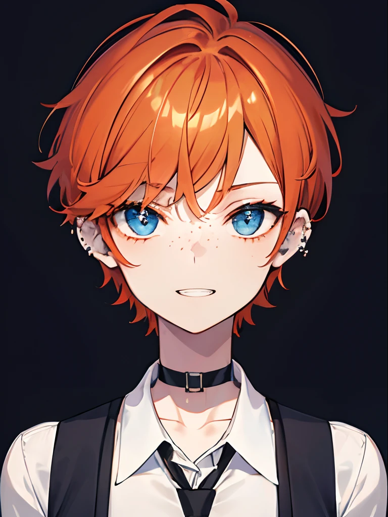 black choker, cool, outfit, portrait, black choker, cool, masterpiece, detailed, highres, (ginger orange hair), (curly hair), (very short buzzcut), (blue eyes), freckles, flat chest, androgynous, white button up shirt, black suspenders, ((very short hair)), tomboy, very short hair, toned muscles, ear piercing, nature background, sharp contrast, wide toothy grin,