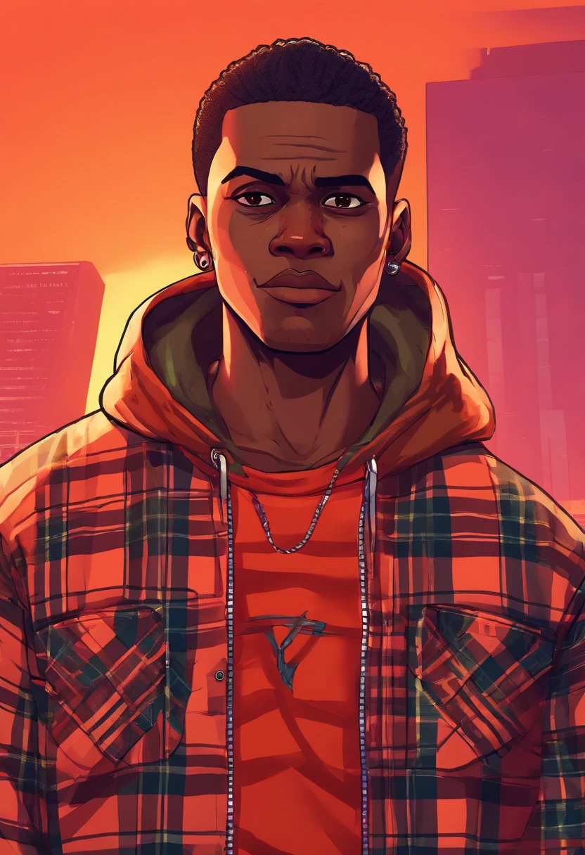 8K, Best Quality, 1boy, dark skin male wearing an red flannel hoodie, orange facemask, faded haircut, hazel eyes, cornrows, black hair