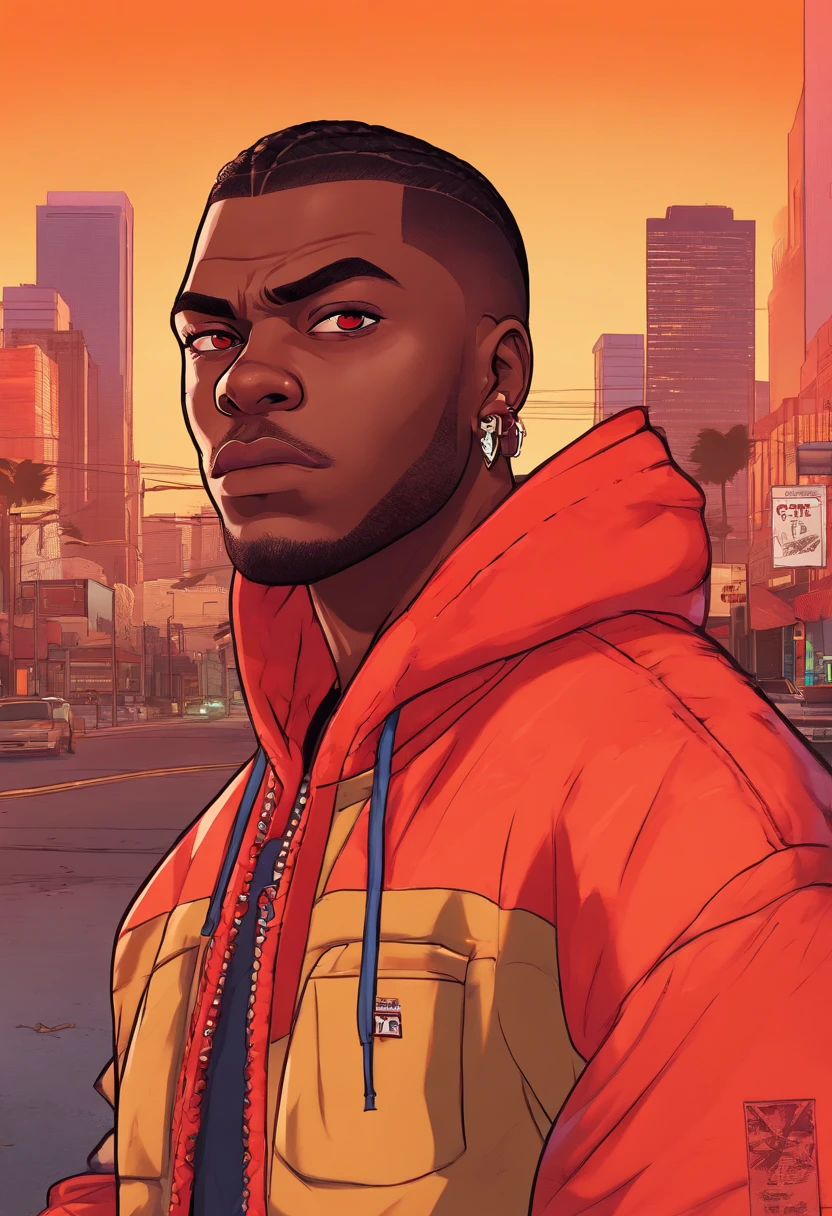8K, Best Quality, 1boy, dark skin male wearing an red flannel hoodie, orange facemask, faded haircut, hazel eyes, cornrows, black hair