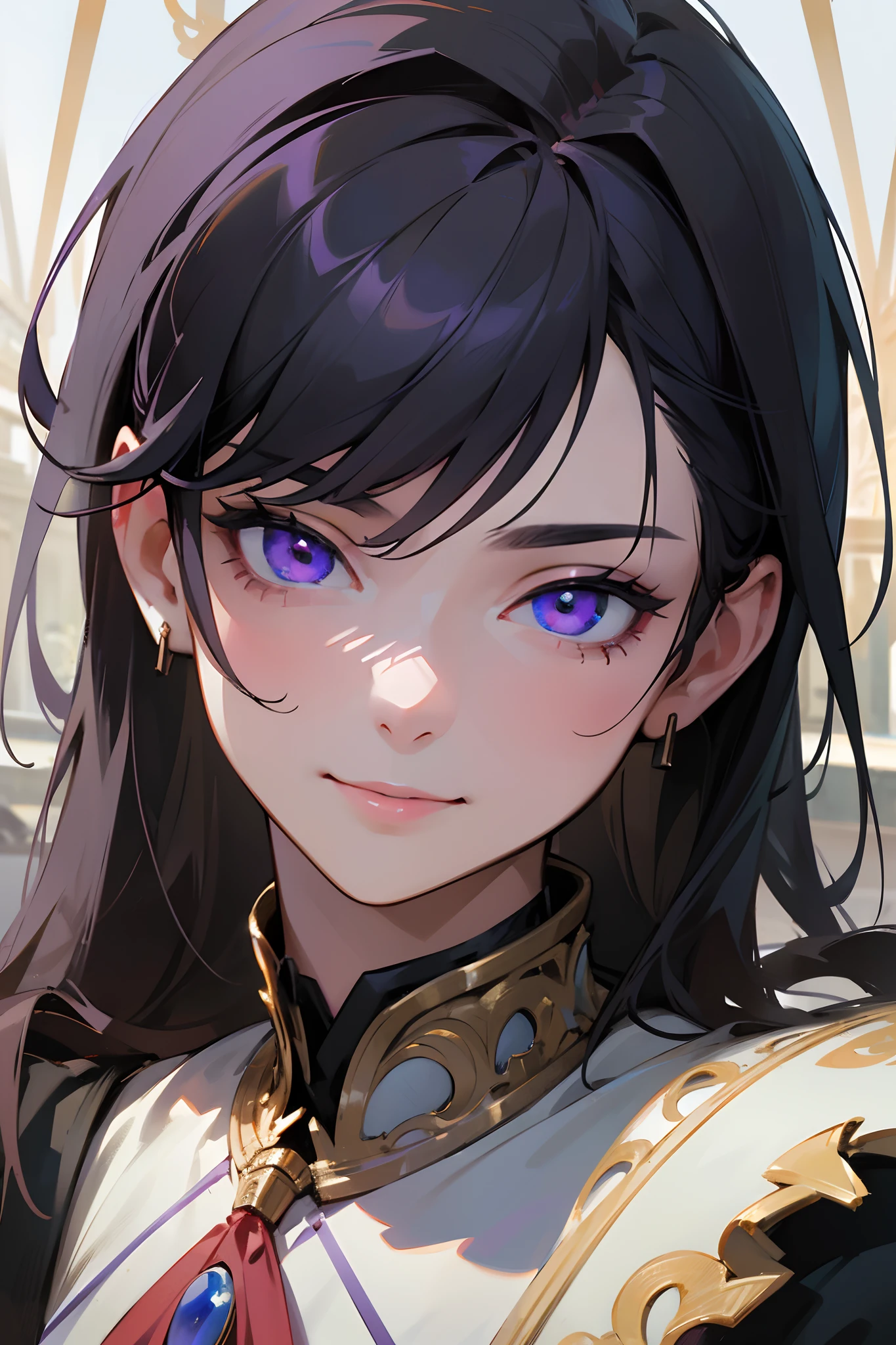 Masterpiece, best quality, realistic, super detailed, portrait of a bustling day scenery in a fallen nation background, a match made in heaven, ready for battle, smile, looking at the viewer, visible faces, devil, angel, white and black hair, 1 male purple eyes, 1 female blue eyes