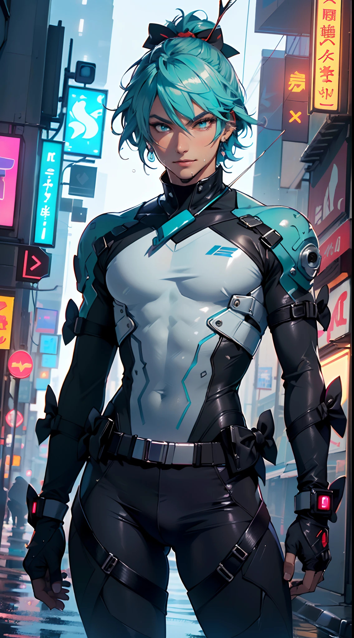man:1.5,1 man,archer man,(((1man))),((man with aqua hair)),

(((1male,man:1.5,handsome man,male,male gender:1.5,male focus))),macho man,

((aqua messy hair,aqua hair,short hair,colored inner hair)),(((lustrous skin:1.5,tanned skin,bright skin: 1.5,skin tanned,shiny skin,very shiny skin,shiny body,illuminated skin))),(((aqua_eyes:1.2))),intricate eyes,beautiful detailed eyes,symmetrical eyes,((man chest)),handsome face,((muscular)),(((detailed face))),

confident attitude,nsfw,

cyberpunk agent, standing, ((holding a bow:1.5,futuristic bow and arrow holder:1.5)), cyberpunk citizen in oversize techwear,((bulge in pants)),((cyberpunk archer outfit)),((wet clothes,intricate outfit,intricate clothes)),

(dynamic pose:1.0),solo focus,((evil smile,evil look)),(centered,scale to fit dimensions,Rule of thirds),

cyberpunk city by the ocean at night, with bright neon signs and dark stormy clouds and puddles, scenery:1.25,

highres, sharp focus, (ultra detailed, extremely detailed), (photorealistic artwork:1.37),(extremely detailed CG unity 8k wallpaper),((synthwave background theme)),(((vibrant colors))),(intricate background),(masterpiece),(best quality),