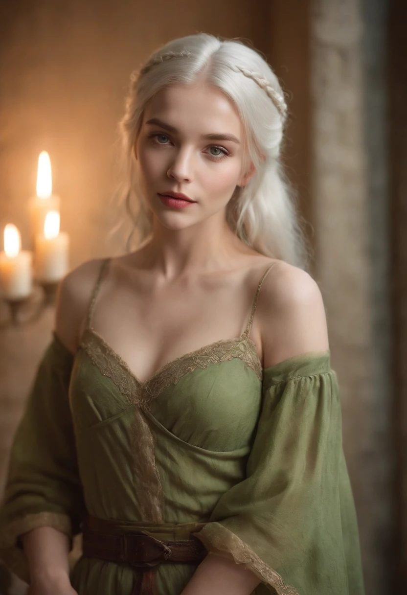 light skinned, Women around 15 years old, Natural gray hair, Distinctive green eyes,, slender and graceful,,,, Beautiful, Candlelight in medieval atmosphere, Ultra Sharp Focus, realistic shot, Wedding Lingerie, Tetradic color (Scar:1.4)((((((M leg,Front Opening Skirt、Lift up your skirt so you can see your panties )))))))