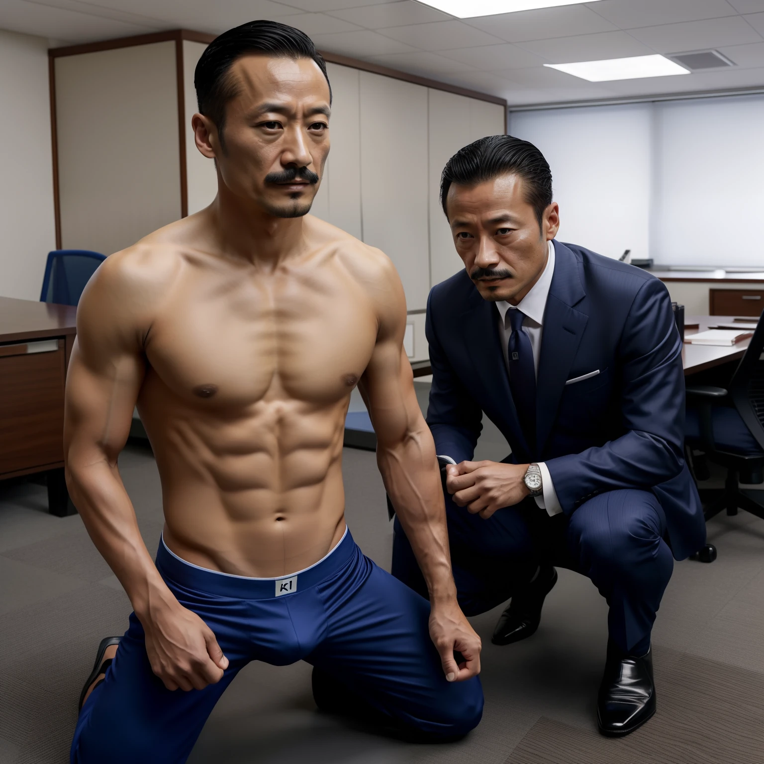 aged 40,Hidetoshi Nakata,(Kogoro Mouri 1.3)Shirtless,Tong,Bulge,fortitude,office room,Two people knelt,Blue panties,Sexy briefs,Business suit,fortitude,k hd,with mustache,black long socks,