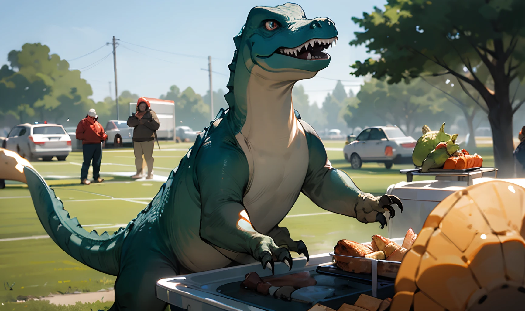 Dinosaurs at tailgate party