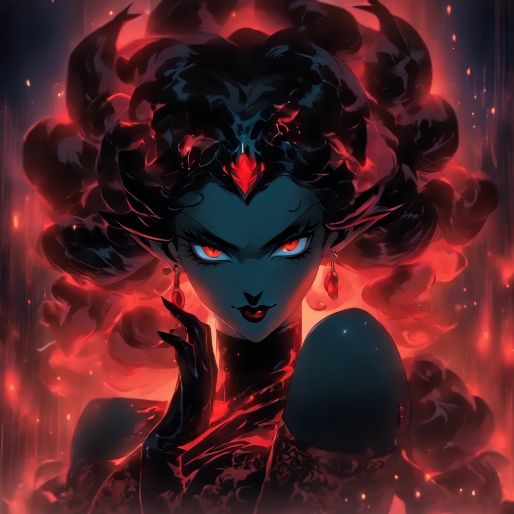 (best quality,highres,ultra-detailed),elegant regal succubus,black lipstick, long black hair, red eyes, seductive expression, evil demeanor, sultry gaze, luxurious black gown, elaborate headpiece, dark and mysterious background, atmospheric lighting, ethereal aura, intricate lace details, alluring charm, dark seduction, captivating beauty, hypnotic presence, divine sensuality, enchanting temptress, seductive power, mesmerizing allure, forbidden desires, bewitching enchantment, seductive aura, tempting spell, mythical creature, otherworldly beauty, seductive darkness, mesmerizing gaze, supernatural elegance, sensual mystique, intoxicating presence, irresistible grace, magnetic attraction.