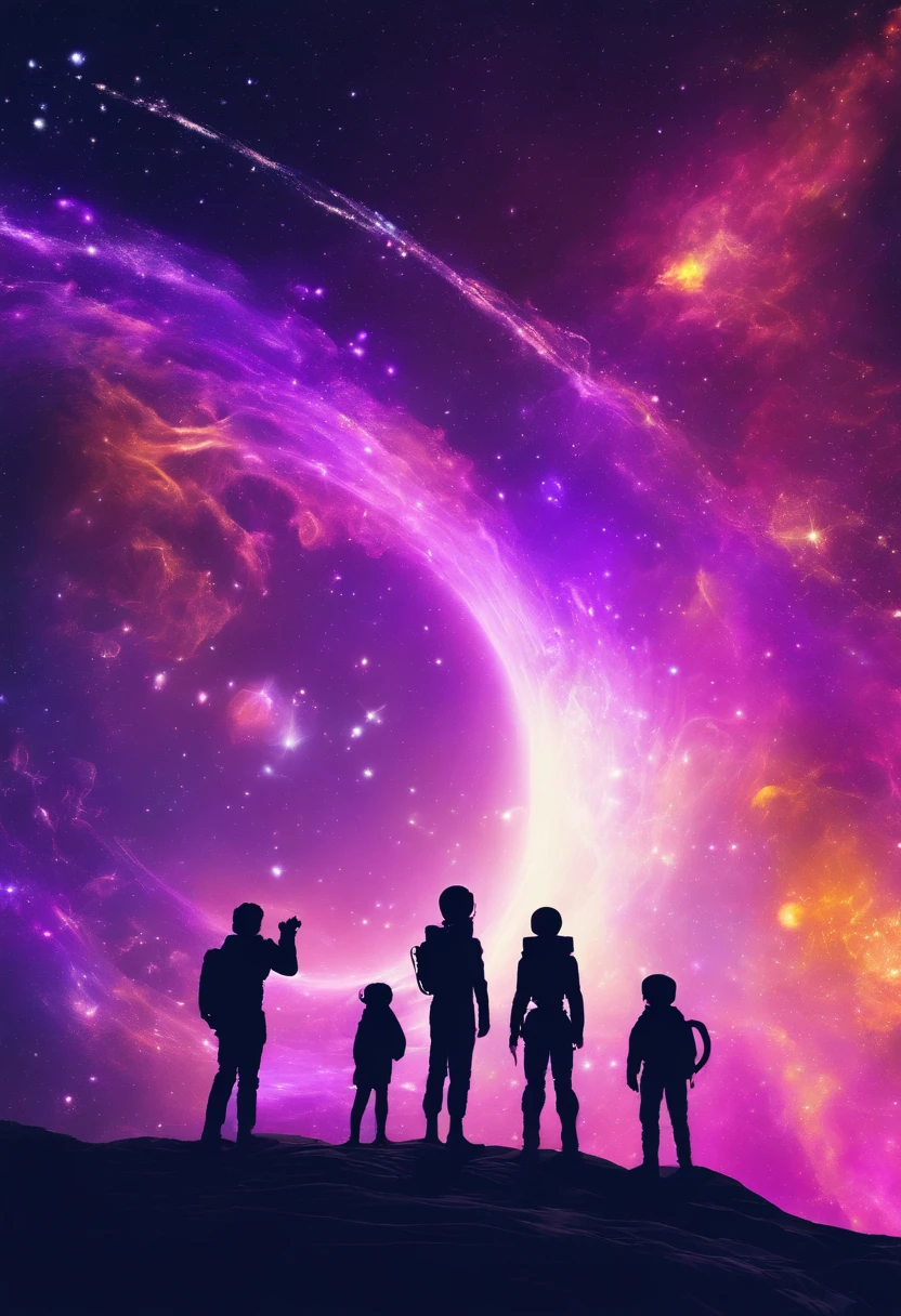 A group of people stood in front of a huge bright purple-gold halo