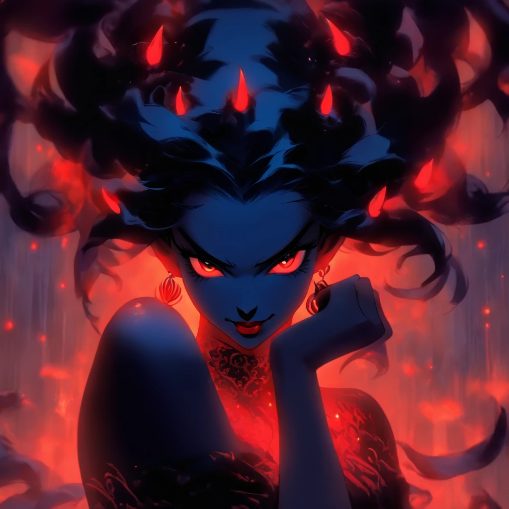 (best quality,highres,ultra-detailed),elegant regal succubus,black lipstick, long black hair, red eyes, seductive expression, evil demeanor, sultry gaze, luxurious black gown, elaborate headpiece, dark and mysterious background, atmospheric lighting, ethereal aura, intricate lace details, alluring charm, dark seduction, captivating beauty, hypnotic presence, divine sensuality, enchanting temptress, seductive power, mesmerizing allure, forbidden desires, bewitching enchantment, seductive aura, tempting spell, mythical creature, otherworldly beauty, seductive darkness, mesmerizing gaze, supernatural elegance, sensual mystique, intoxicating presence, irresistible grace, magnetic attraction.