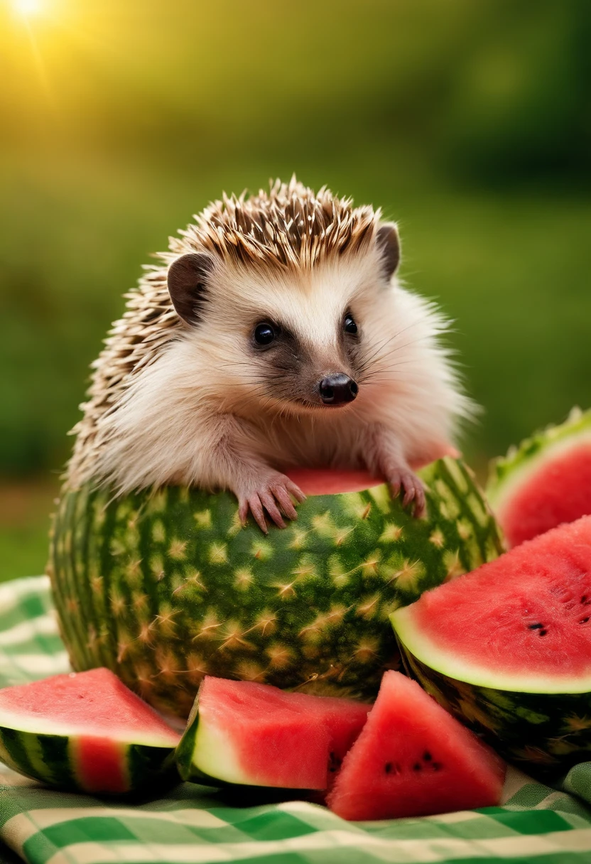 Picture a small, adorable hedgehog with spiky quills sitting on a checkered picnic blanket. It holds a juicy slice of watermelon with its tiny paws. The hedgehog's eyes are closed in pure delight as it takes a dainty bite from the watermelon, savoring the sweetness of the fruit. The scene exudes a sense of contentment and cuteness.