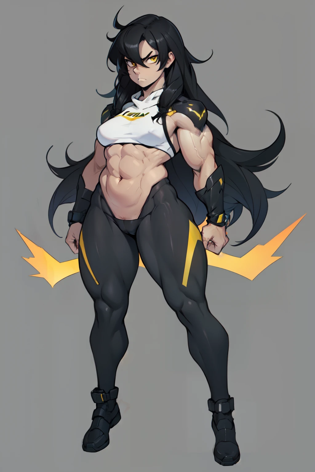 (((muscular))), (thick thighs, small breasts, toned body, 1 girl), black hair, pale skin, yellow eyes, angry, very long hair ((full body))