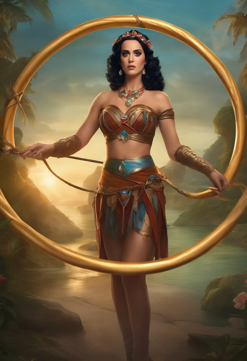 Katy Perry wearing a strapless top, holding a giant sharp hula hoop around her body, medieval fantasy theme, League of Legends splash art