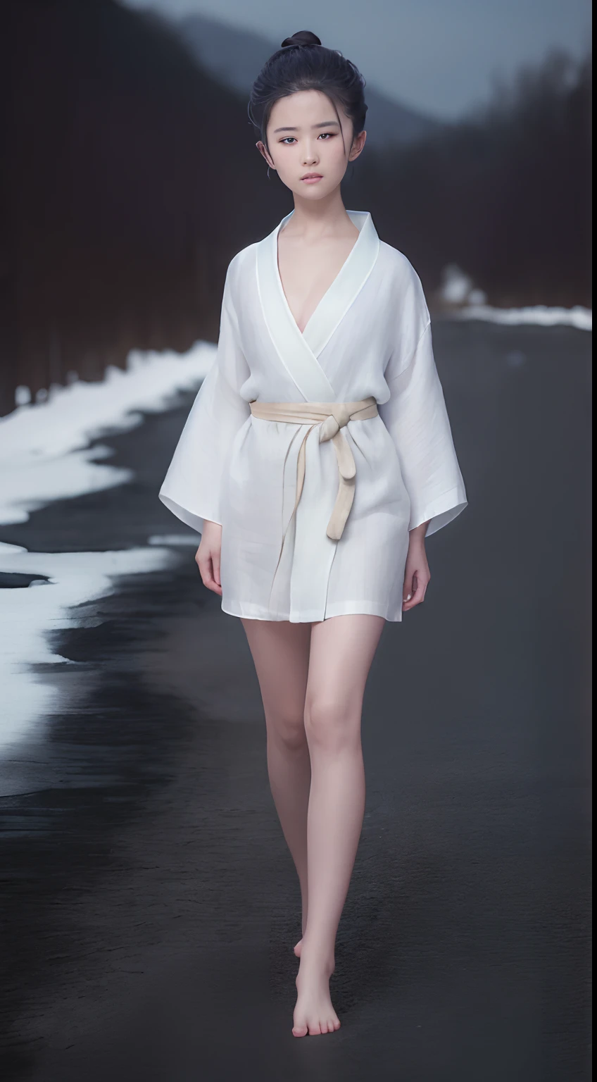 ((Best quality, 8K, Masterpiece :1.3)), Sharp focus:1.2 ， Photorealsitic，(Cinematic lighting)，Facial detail texture. Eye details. Double eyelids, Slender body. Super small breasts, Sexy collarbone，12-year-old girl, photo-realistic:1.37，Perfect eyes, ((1 Girl in a black yukata))，（white sash），(Ultra-thin fabric)，((Ragged linen))，With a petite figure，brunette color hair，Long hair draped loosely，Qi bangs，Stand in the snow，The barefoot，Full body like，short- sleeved，short  skirt，Exposing thighs，folds，((solid color backdrop))，is shy，Be red in the face