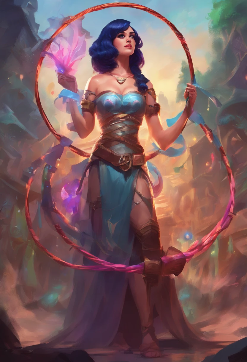 Katy Perry wearing a strapless top, holding a giant sharp hula hoop around her body, medieval fantasy theme, League of Legends splash art