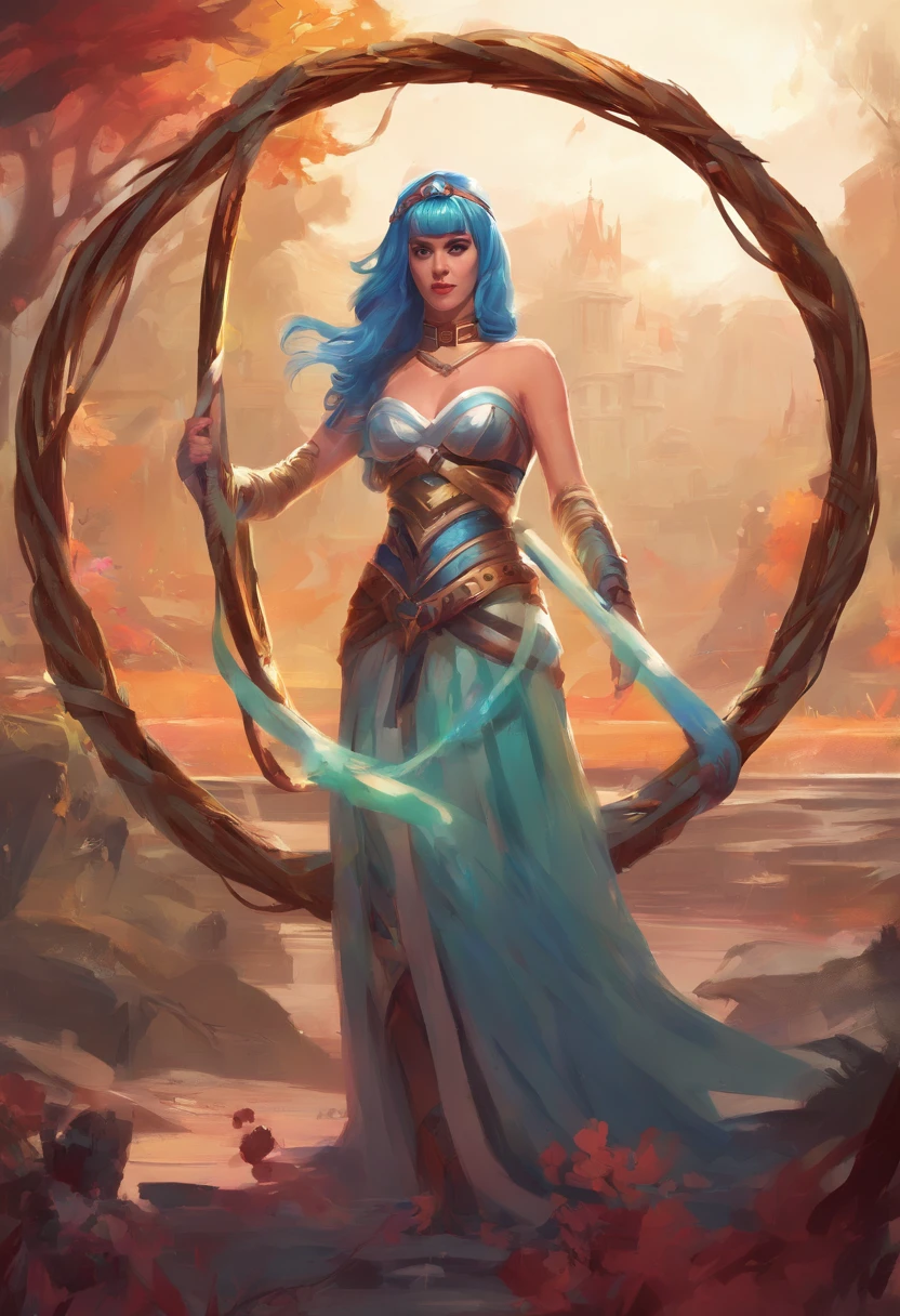 Katy Perry wearing a strapless top, holding a giant sharp hula hoop around her body, medieval fantasy theme, League of Legends splash art