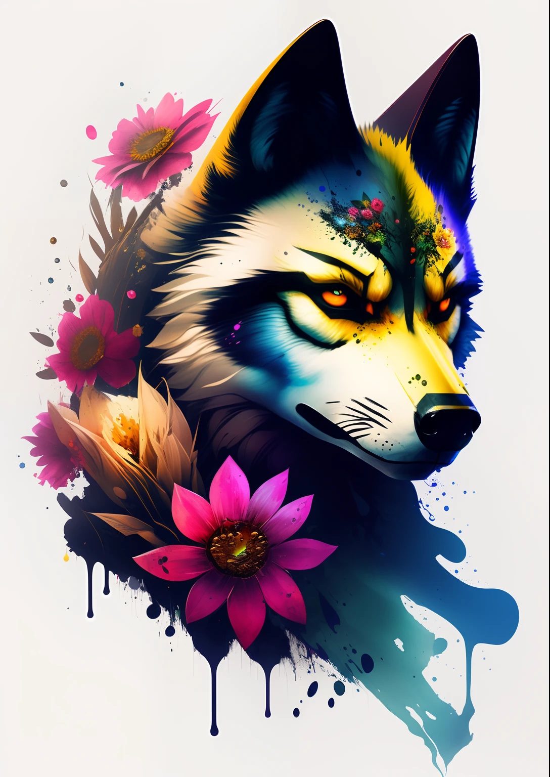 splashart, Wolf head, ((white backgrounid)), piercing eyes, Epic Instagram, artstation, splash style of colourful paint, contours, Ultra-detailed intricate details, unreal-engine, fantasy, intricately details, splash image, complementary colours, fantasy concept art, 8K分辨率, Deviantart's masterpiece, oil painted, Restroke, paint drips, The splash art is flanked by intricate details of flowers