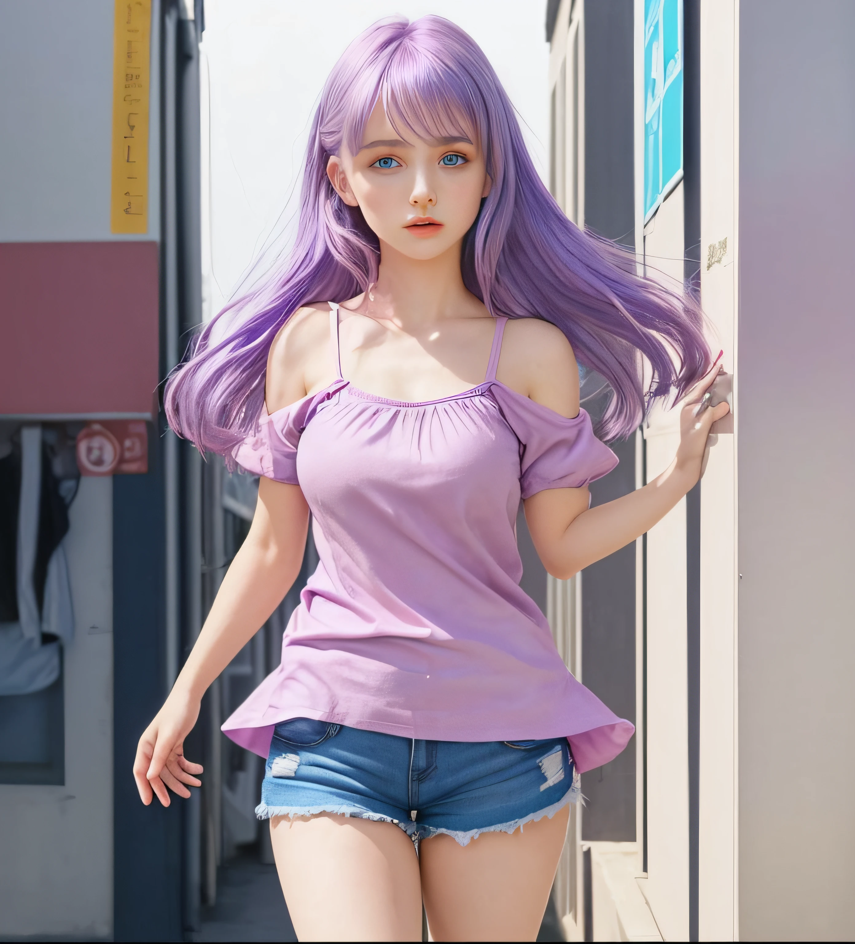 1girl, purple hair, blue eyes, pink shirt, short blue shorts, beautiful