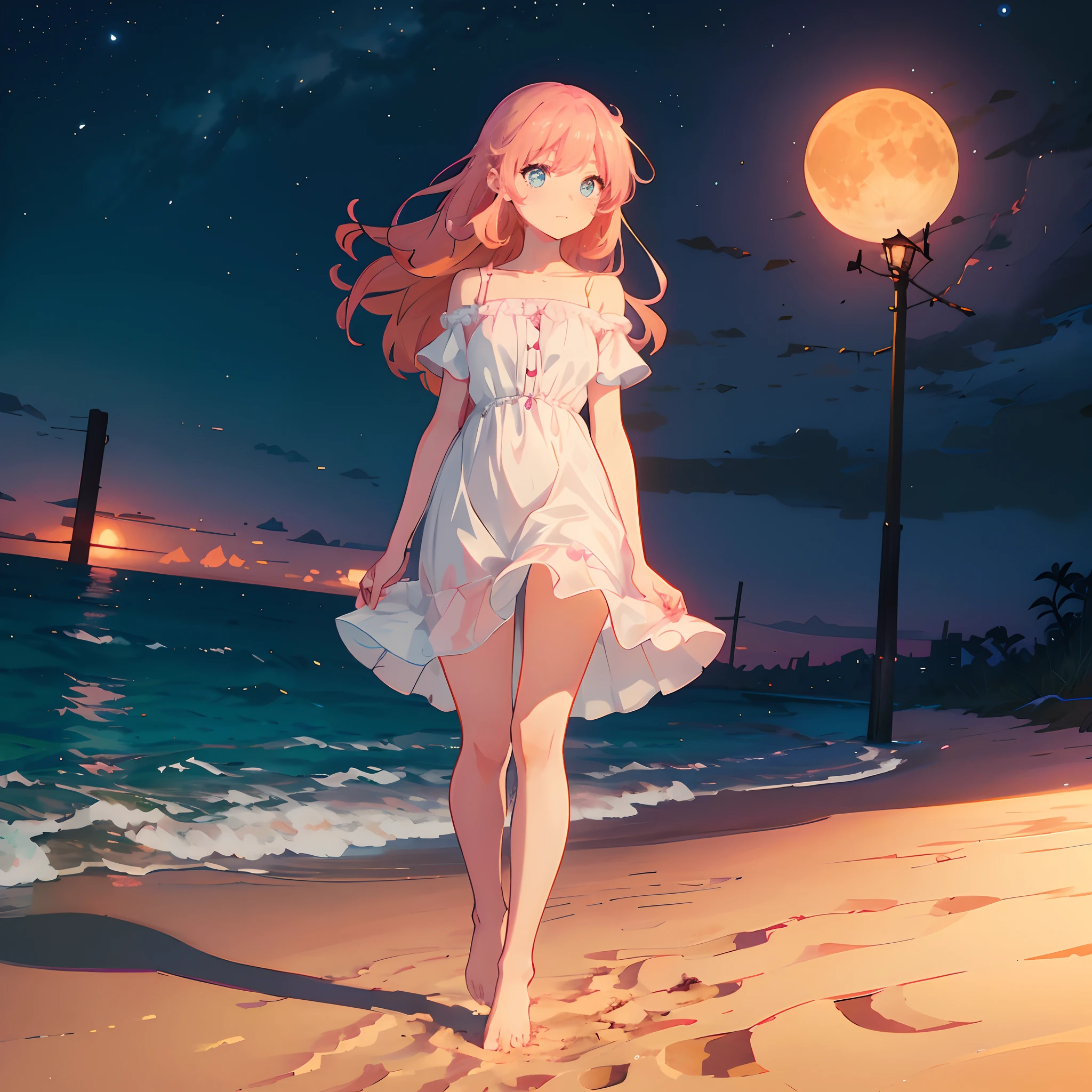 A young girl with long orange-pink hair and blue eyes takes a walk along the beach at night. It's dark. She wearing a simple white dress, walking barefoot on the sand. The camera pans close to her face as she gazes up at the moon, as the moon illuminates her face.