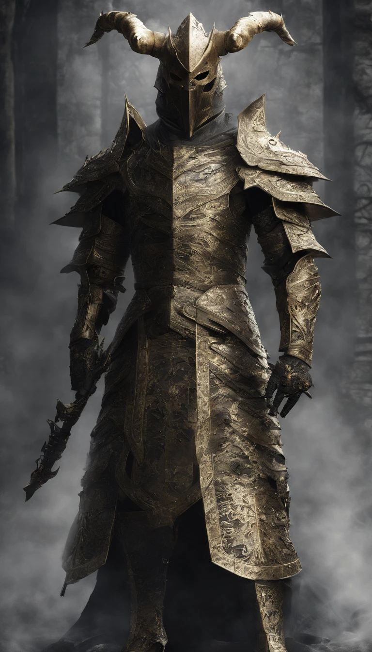 warrior, concept-art, author：Kishiganku, Fantasy art, Zen temple background, clean render, a horned, Wear a suit of armor, Detailed bushido form smoke, helmet of a forgotten deity, character is standing, 8k Realistic, in game render, detailed face background detail, Art station front page, taur, Pseudo-medieval fantasy, A deity wearing koi armor, detailed bronze armor, Bronze armor, golden etched armor, gold obsidian armor, Light gold armor, Gorgeous filigree armor, A demonic warrior, Gorgeous armor full of thorns, Intricate assasin armor, Intricate metal armor, powerful warrior, Dressed in gorgeous gold armor，Decorated with intricate patterns, The helmet has a large crown and two horns, Everything is in the dark, The smoky background hints at the battle scene, Add an ominous aura to his character，The Demon's Giant Demon Wings，submission, Full body shot.