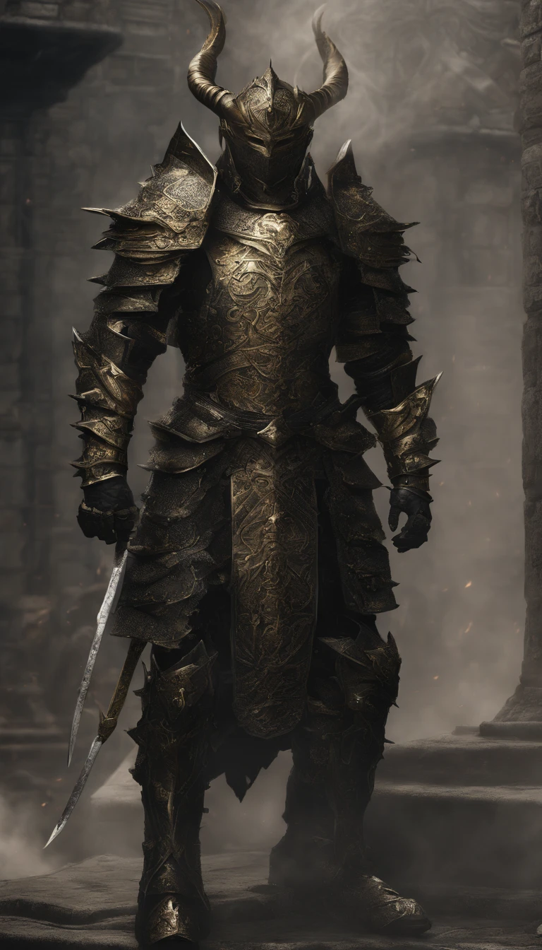 warrior, concept-art, author:Kishiganku, Fantasy art, Zen temple background, clean render, a horned, Wear a suit of armor, Detailed bushido form smoke, helmet of a forgotten deity, character is standing, 8k Realistic, in game render, detailed face background detail, Art station front page, taur, Pseudo-medieval fantasy, A deity wearing koi armor, detailed bronze armor, Bronze armor, golden etched armor, gold obsidian armor, Light gold armor, Gorgeous filigree armor, A demonic warrior, Gorgeous armor full of thorns, Intricate assasin armor, Intricate metal armor, powerful warrior, Dressed in gorgeous gold armor,Decorated with intricate patterns, The helmet has a large crown and two horns, Everything is in the dark, The smoky background hints at the battle scene, Add an ominous aura to his character,The Demon's Giant Demon Wings,submission, Full body shot.