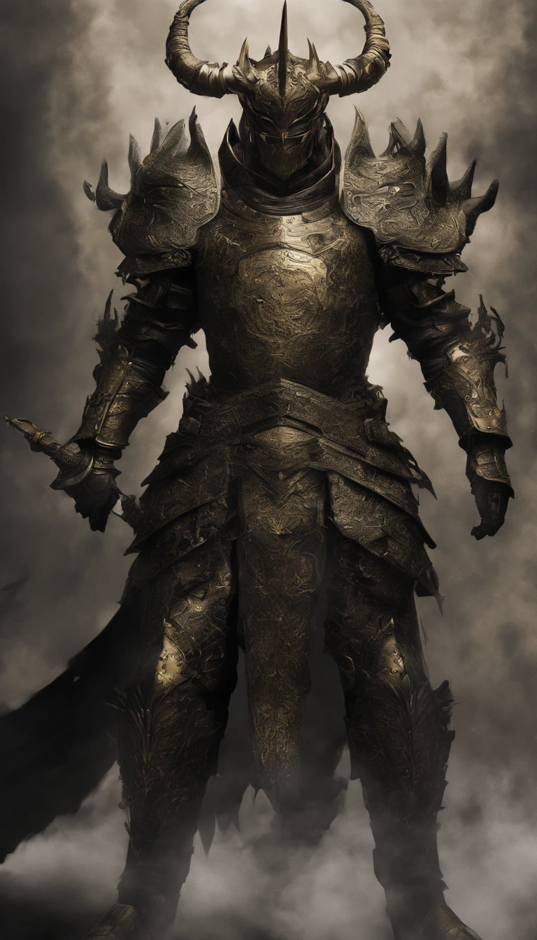 warrior, concept-art, author:Kishiganku, Fantasy art, Zen temple background, clean render, a horned, Wear a suit of armor, Detailed bushido form smoke, helmet of a forgotten deity, character is standing, 8k Realistic, in game render, detailed face background detail, Art station front page, taur, Pseudo-medieval fantasy, A deity wearing koi armor, detailed bronze armor, Bronze armor, golden etched armor, gold obsidian armor, Light gold armor, Gorgeous filigree armor, A demonic warrior, Gorgeous armor full of thorns, Intricate assasin armor, Intricate metal armor, powerful warrior, Dressed in gorgeous gold armor,Decorated with intricate patterns, The helmet has a large crown and two horns, Everything is in the dark, The smoky background hints at the battle scene, Add an ominous aura to his character,The Demon's Giant Demon Wings,submission, Full body shot.