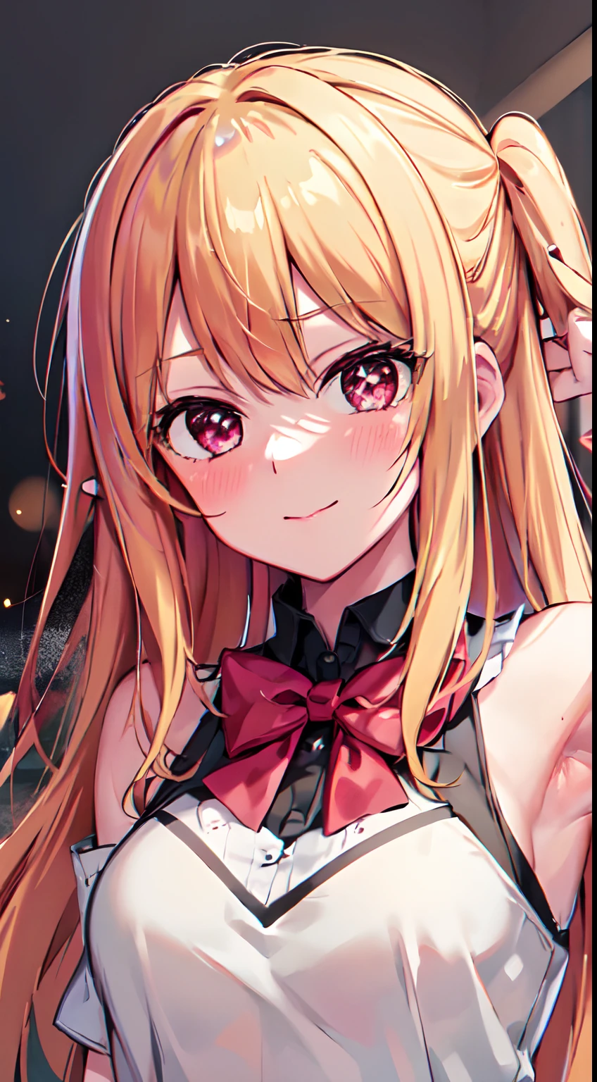 8k, highres, ultra detailed, (masterpiece:1.4), best quality,beautiful art depicting Hoshino Ruby with blonde hair, iridescent various shades in the sun's rays.