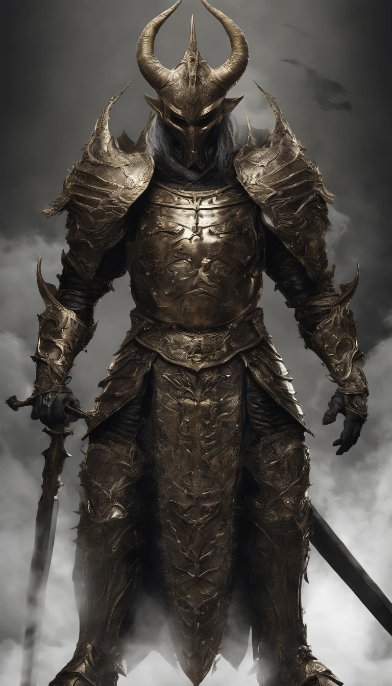 warrior, concept-art, author:Kishiganku, Fantasy art, Zen temple background, clean render, a horned, Wear a suit of armor, Detailed bushido form smoke, helmet of a forgotten deity, character is standing, 8k Realistic, in game render, detailed face background detail, Art station front page, taur, Pseudo-medieval fantasy, A deity wearing koi armor, detailed bronze armor, Bronze armor, golden etched armor, gold obsidian armor, Light gold armor, Gorgeous filigree armor, A demonic warrior, Gorgeous armor full of thorns, Intricate assasin armor, Intricate metal armor, powerful warrior, Dressed in gorgeous gold armor,Decorated with intricate patterns, The helmet has a large crown and two horns, Everything is in the dark, The smoky background hints at the battle scene, Add an ominous aura to his character,The Demon's Giant Demon Wings,submission, Full body shot.