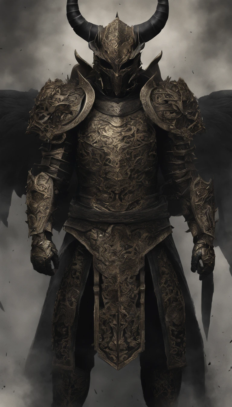 warrior, concept-art, author:Kishiganku, Fantasy art, Zen temple background, clean render, a horned, Wear a suit of armor, Detailed bushido form smoke, helmet of a forgotten deity, character is standing, 8k Realistic, in game render, detailed face background detail, Art station front page, taur, Pseudo-medieval fantasy, A deity wearing koi armor, detailed bronze armor, Bronze armor, golden etched armor, gold obsidian armor, Light gold armor, Gorgeous filigree armor, A demonic warrior, Gorgeous armor full of thorns, Intricate assasin armor, Intricate metal armor, powerful warrior, Dressed in gorgeous gold armor,Decorated with intricate patterns, The helmet has a large crown and two horns, Everything is in the dark, The smoky background hints at the battle scene, Add an ominous aura to his character,The Demon's Giant Demon Wings,submission, Full body shot.