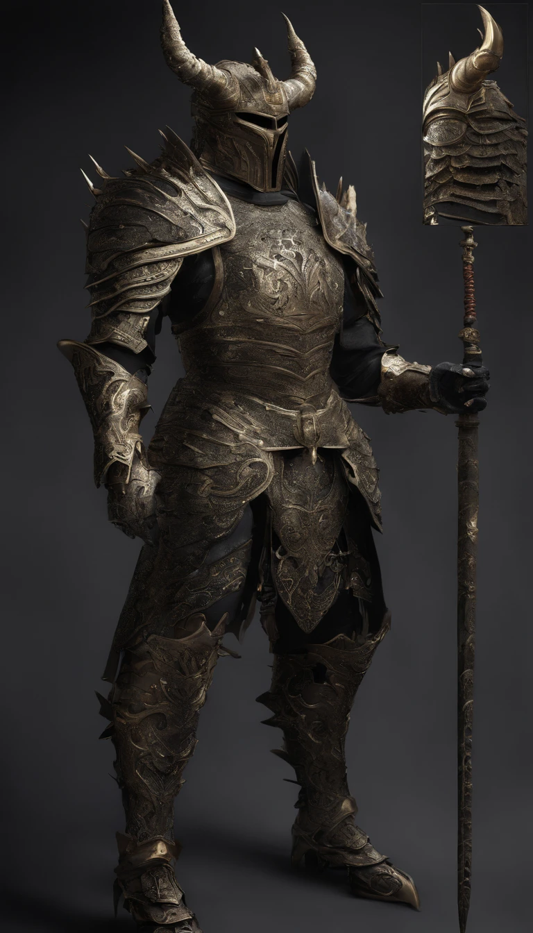 warrior, concept-art, author：Kishiganku, Fantasy art, Zen temple background, clean render, a horned, Wear a suit of armor, Detailed bushido form smoke, helmet of a forgotten deity, character is standing, 8k Realistic, in game render, detailed face background detail, Art station front page, taur, Pseudo-medieval fantasy, A deity wearing koi armor, detailed bronze armor, Bronze armor, golden etched armor, gold obsidian armor, Light gold armor, Gorgeous filigree armor, A demonic warrior, Gorgeous armor full of thorns, Intricate assasin armor, Intricate metal armor, powerful warrior, Dressed in gorgeous gold armor，Decorated with intricate patterns, The helmet has a large crown and two horns, Everything is in the dark, The smoky background hints at the battle scene, Add an ominous aura to his character，The Demon's Giant Demon Wings，submission, Full body shot.