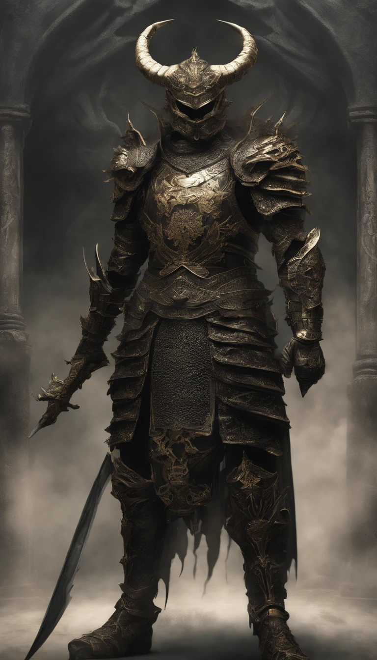 warrior, concept-art, author:Kishiganku, Fantasy art, Zen temple background, clean render, a horned, Wear a suit of armor, Detailed bushido form smoke, helmet of a forgotten deity, character is standing, 8k Realistic, in game render, detailed face background detail, Art station front page, taur, Pseudo-medieval fantasy, A deity wearing koi armor, detailed bronze armor, Bronze armor, golden etched armor, gold obsidian armor, Light gold armor, Gorgeous filigree armor, A demonic warrior, Gorgeous armor full of thorns, Intricate assasin armor, Intricate metal armor, powerful warrior, Dressed in gorgeous gold armor,Decorated with intricate patterns, The helmet has a large crown and two horns, Everything is in the dark, The smoky background hints at the battle scene, Add an ominous aura to his character,The Demon's Giant Demon Wings,submission, Full body shot.